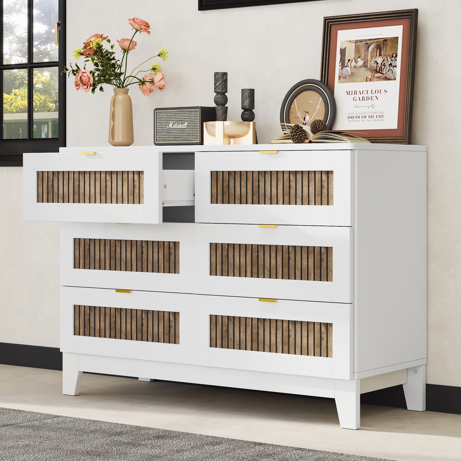 Nøordka Light Dresser Default 50" White Rustic Farmhouse Style Wooden 6 Drawers Dresser