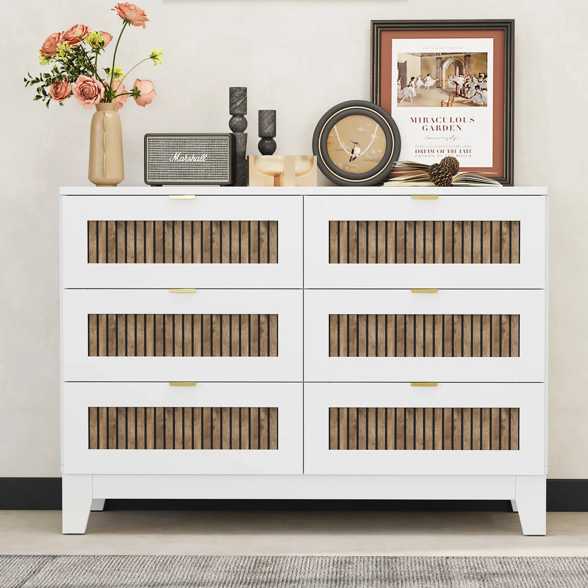 Nøordka Light Dresser Default 50" White Rustic Farmhouse Style Wooden 6 Drawers Dresser
