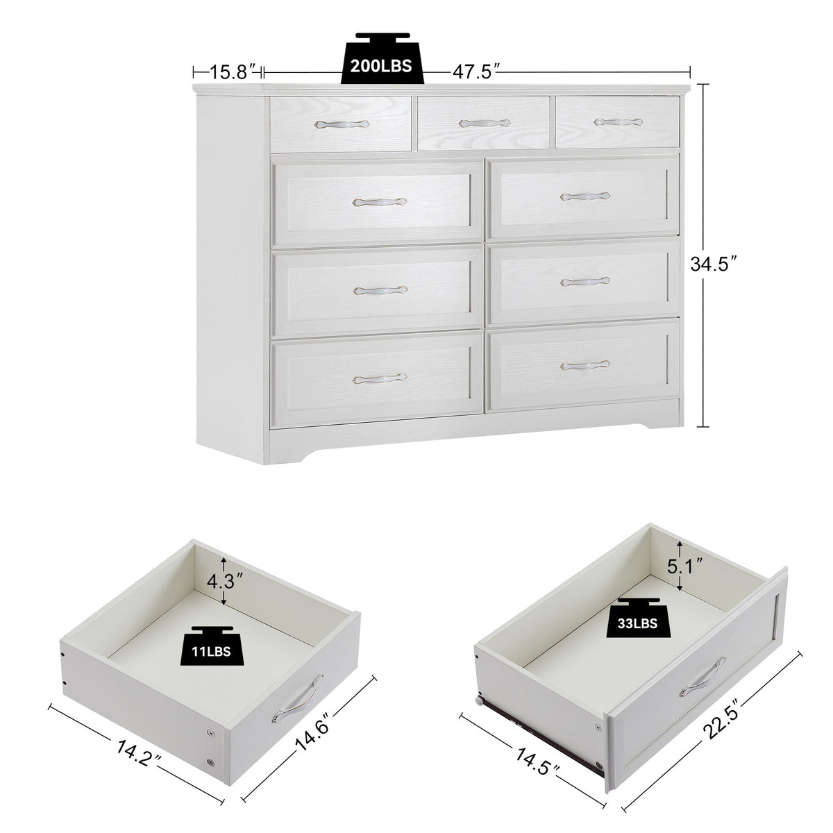 Nøordka Light Dresser Default 50" White Wood 9 Drawer Bedroom Dresser with Antique Handling