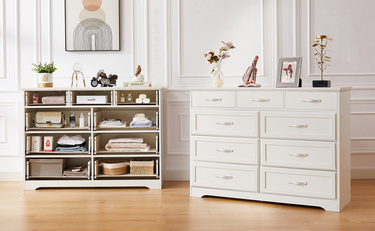 Nøordka Light Dresser Default 50" White Wood 9 Drawer Bedroom Dresser with Antique Handling