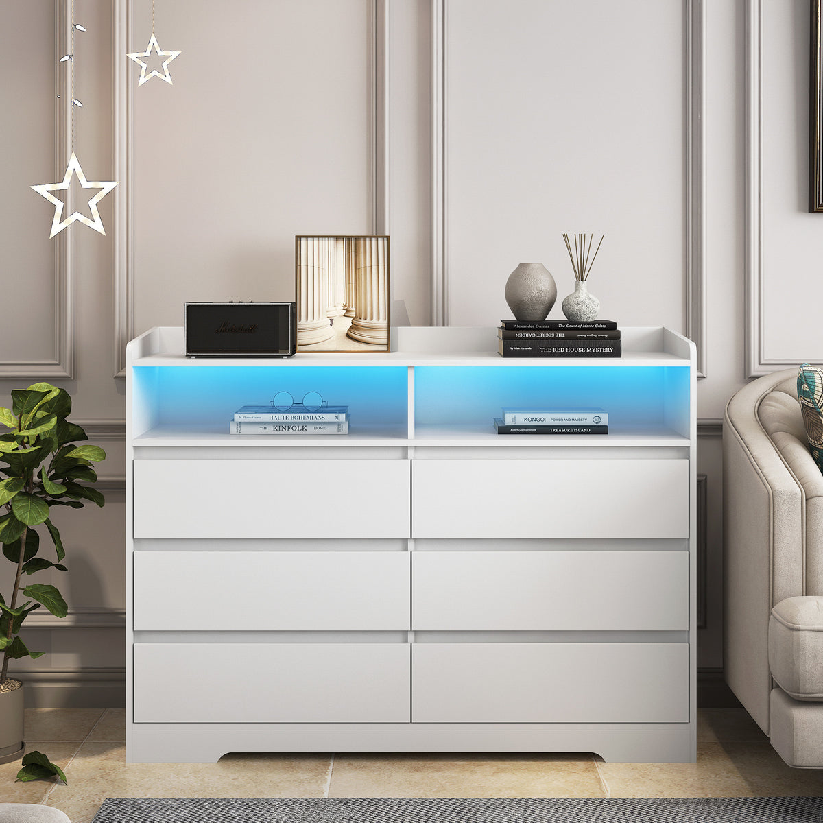 Nøordka Light Dresser Default 52" White 6 Drawer Dresser with LED Lights