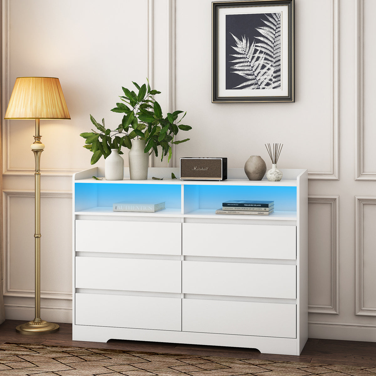 Nøordka Light Dresser Default 52" White 6 Drawer Dresser with LED Lights