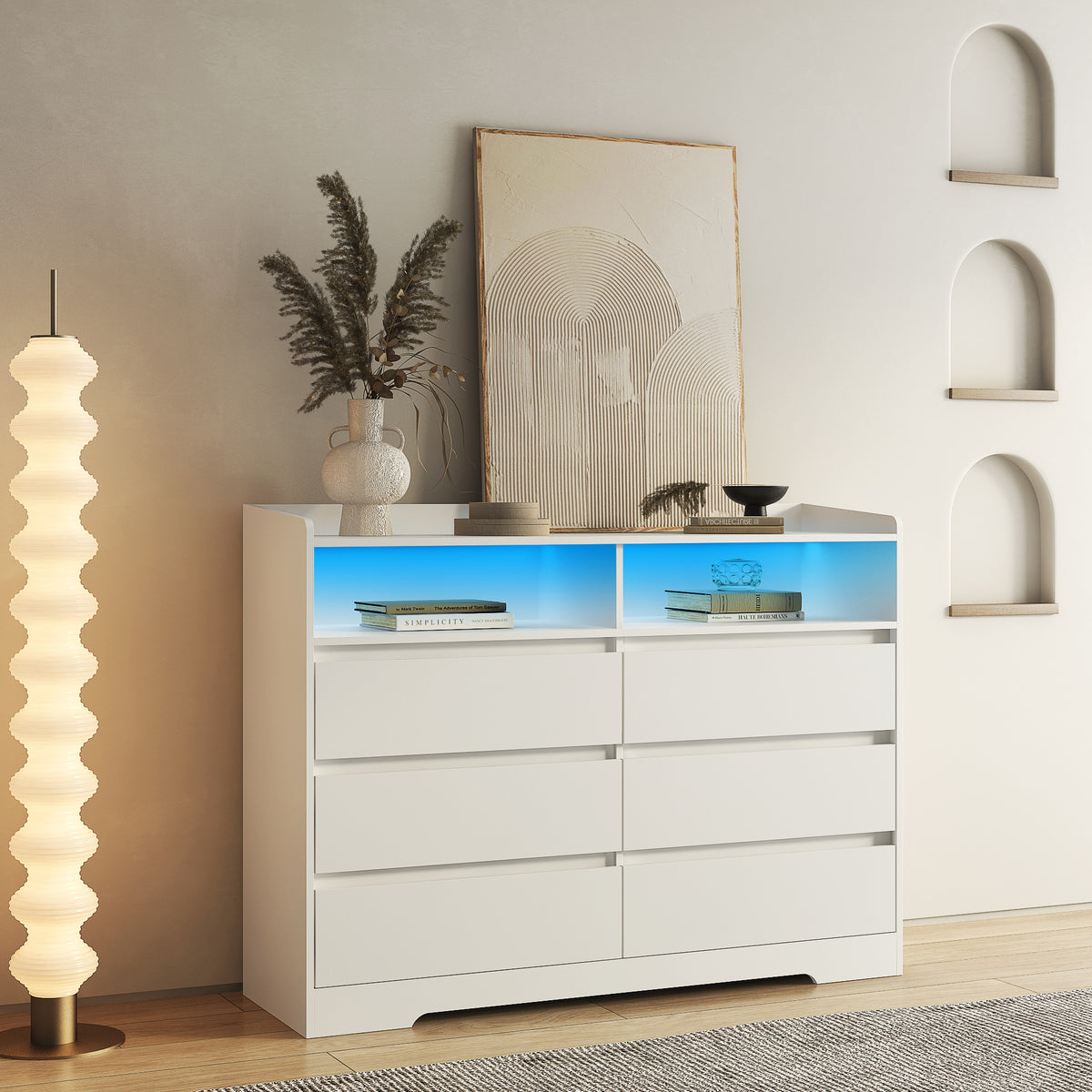 Nøordka Light Dresser Default 52" White 6 Drawer Dresser with LED Lights