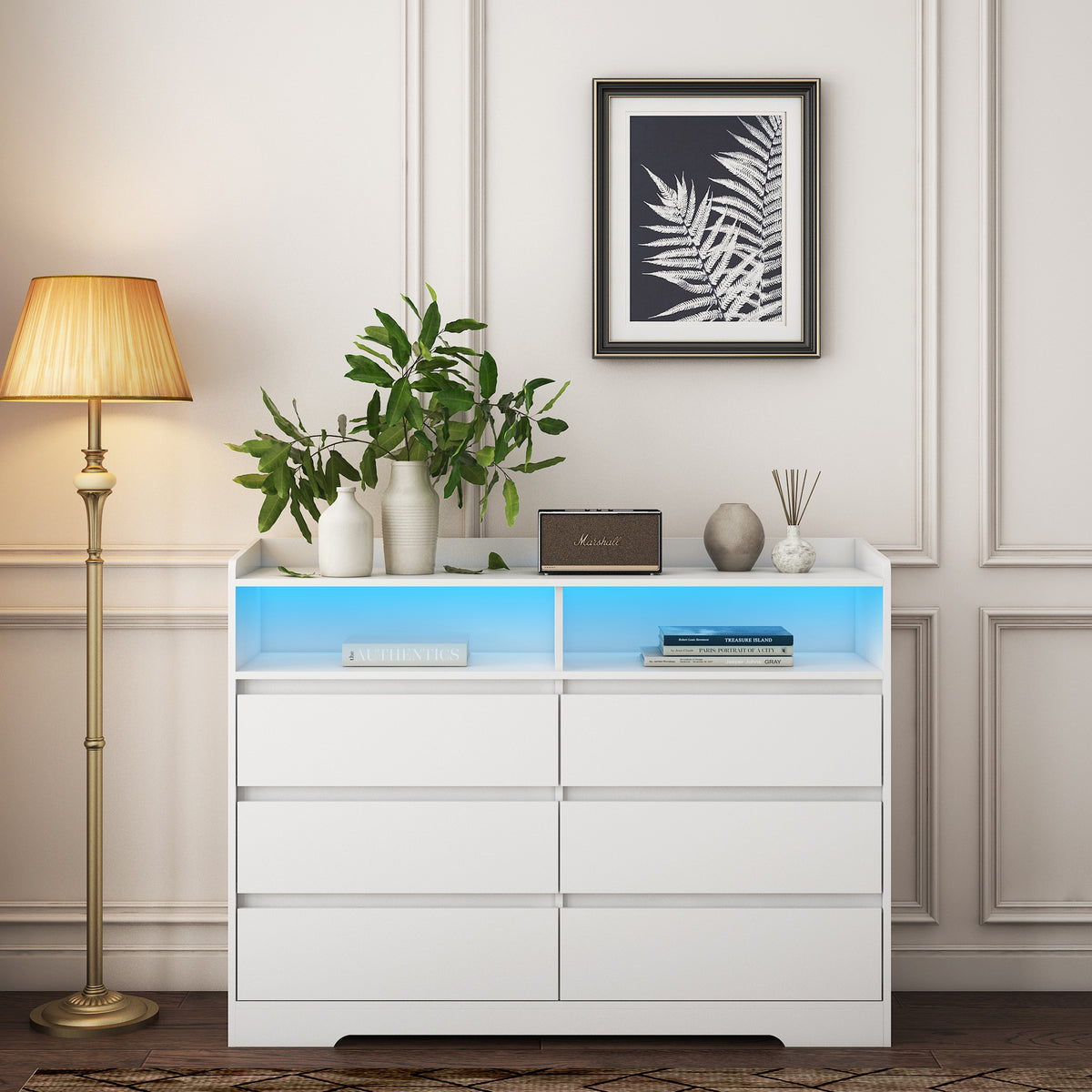 Nøordka Light Dresser Default 52" White 6 Drawer Dresser with LED Lights
