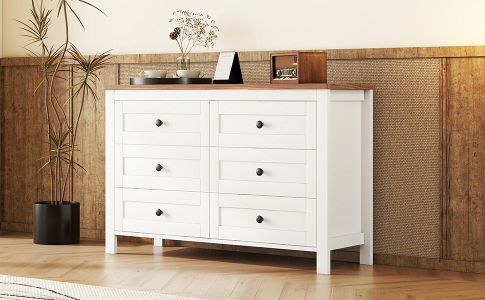 Nøordka Light Dresser Default 53" White &amp; Brown Retro Farmhouse Style Wooden 6 Drawer Dresser