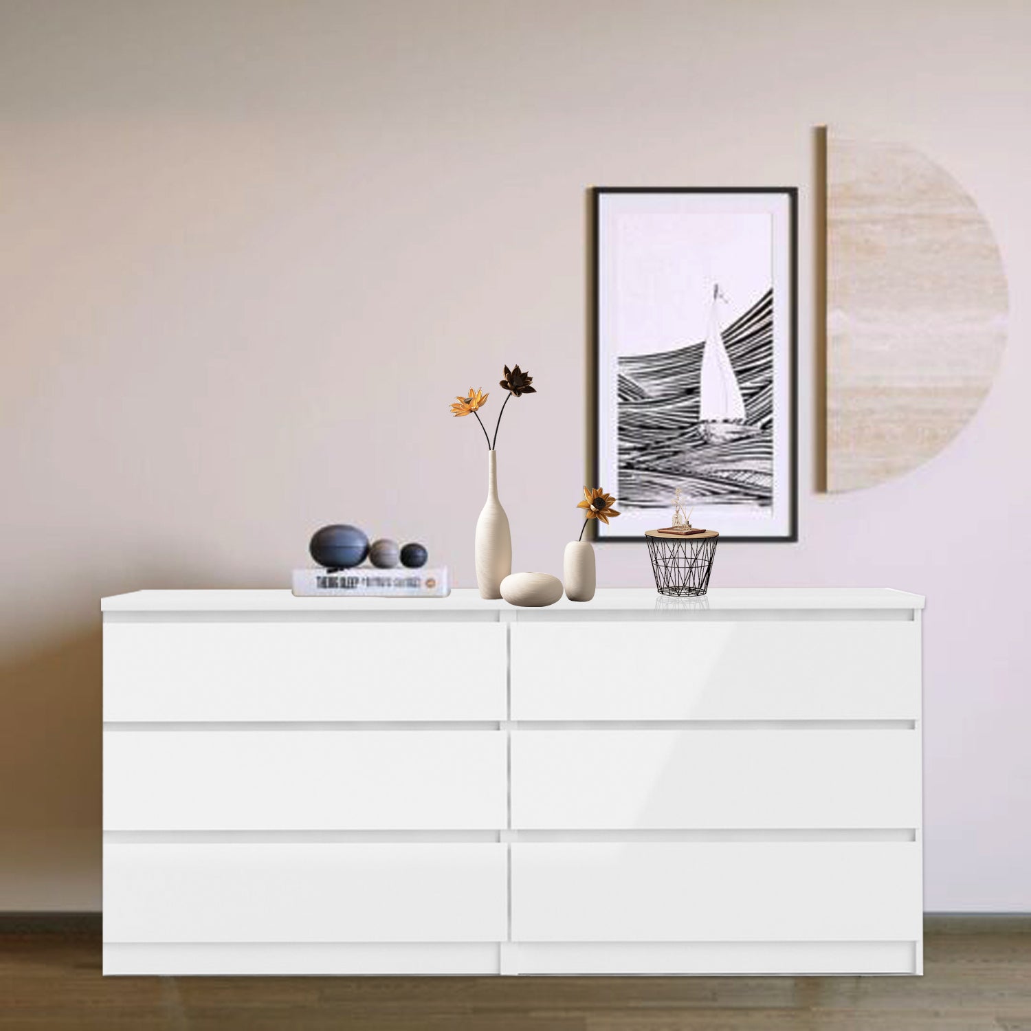 Nøordka Light Dresser Default 55" White Simple 6 Drawer Double Dresser