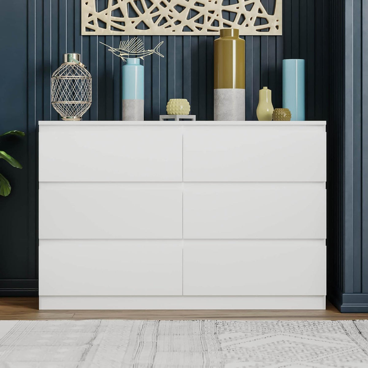 Nøordka Light Dresser Default 55" White Simple 6 Drawer Double Dresser
