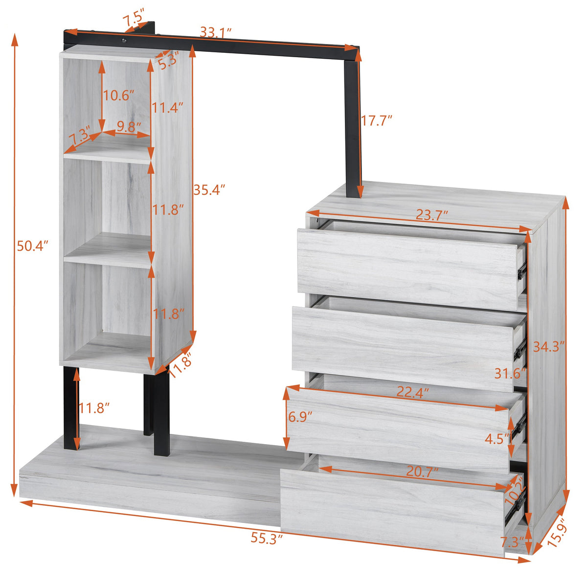 Nøordka Light Dresser Default 55" White Wardrobe with 4 Drawers &amp; 3 Shelves