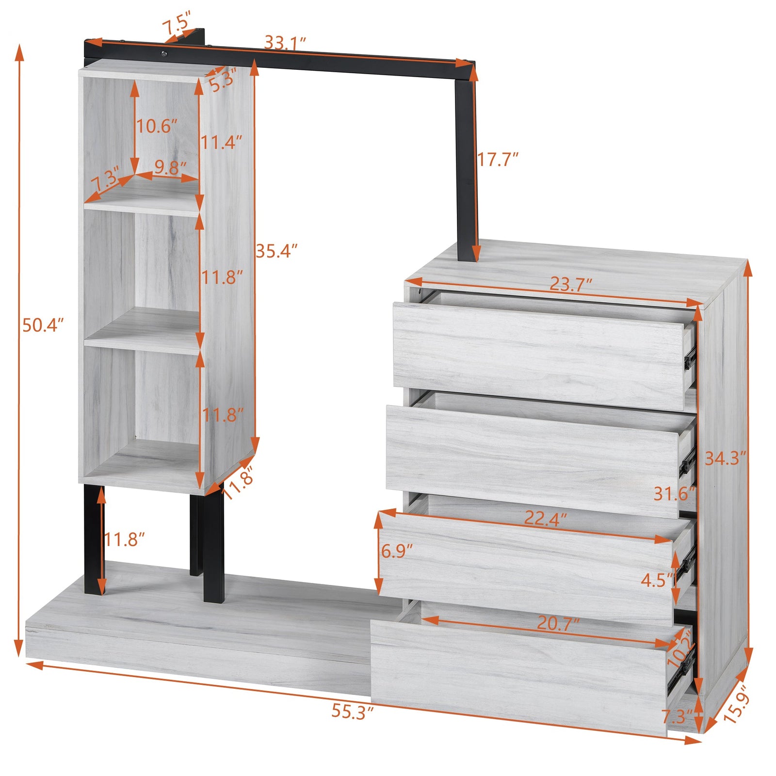 Nøordka Light Dresser Default 55" White Wardrobe with 4 Drawers & 3 Shelves