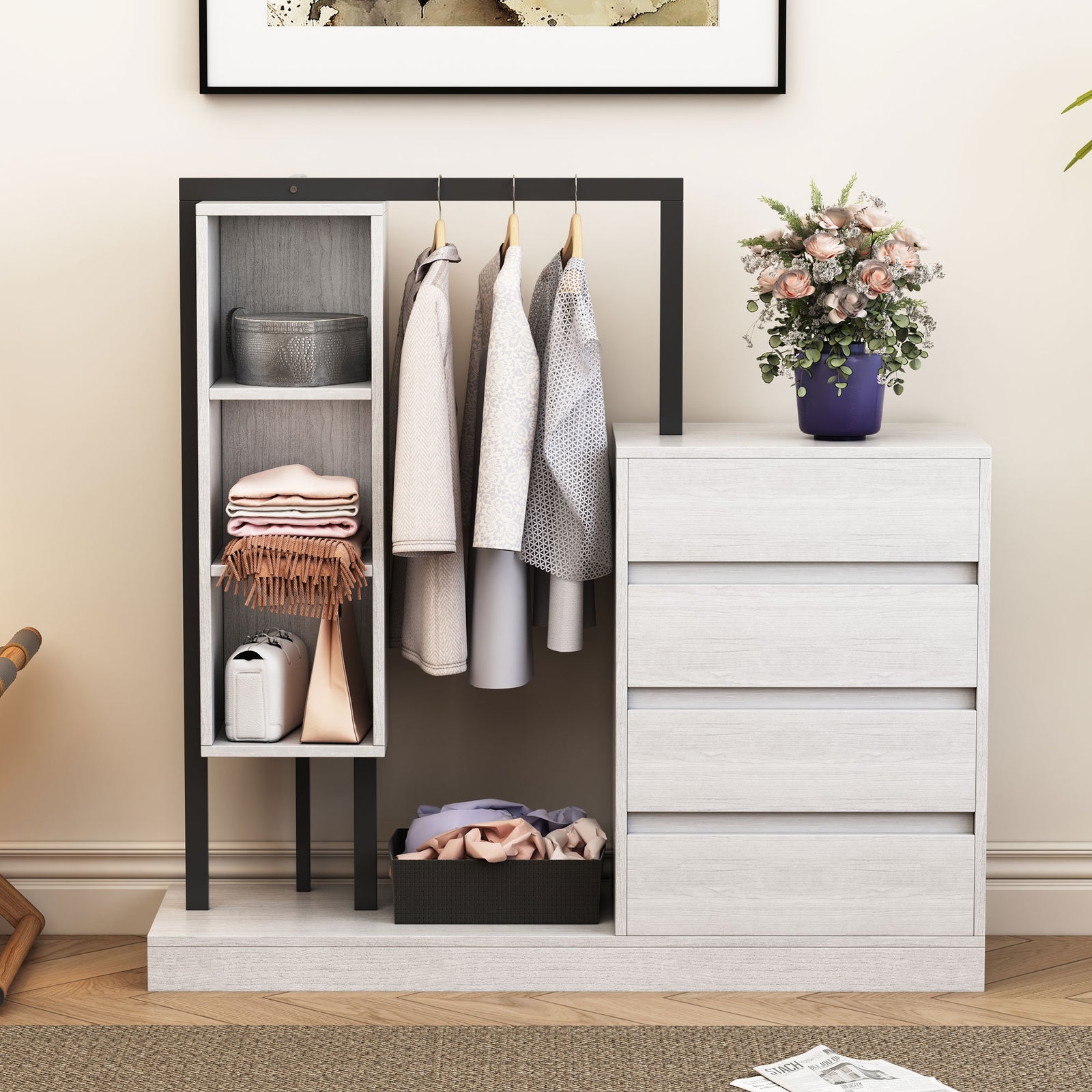 Nøordka Light Dresser Default 55" White Wardrobe with 4 Drawers & 3 Shelves