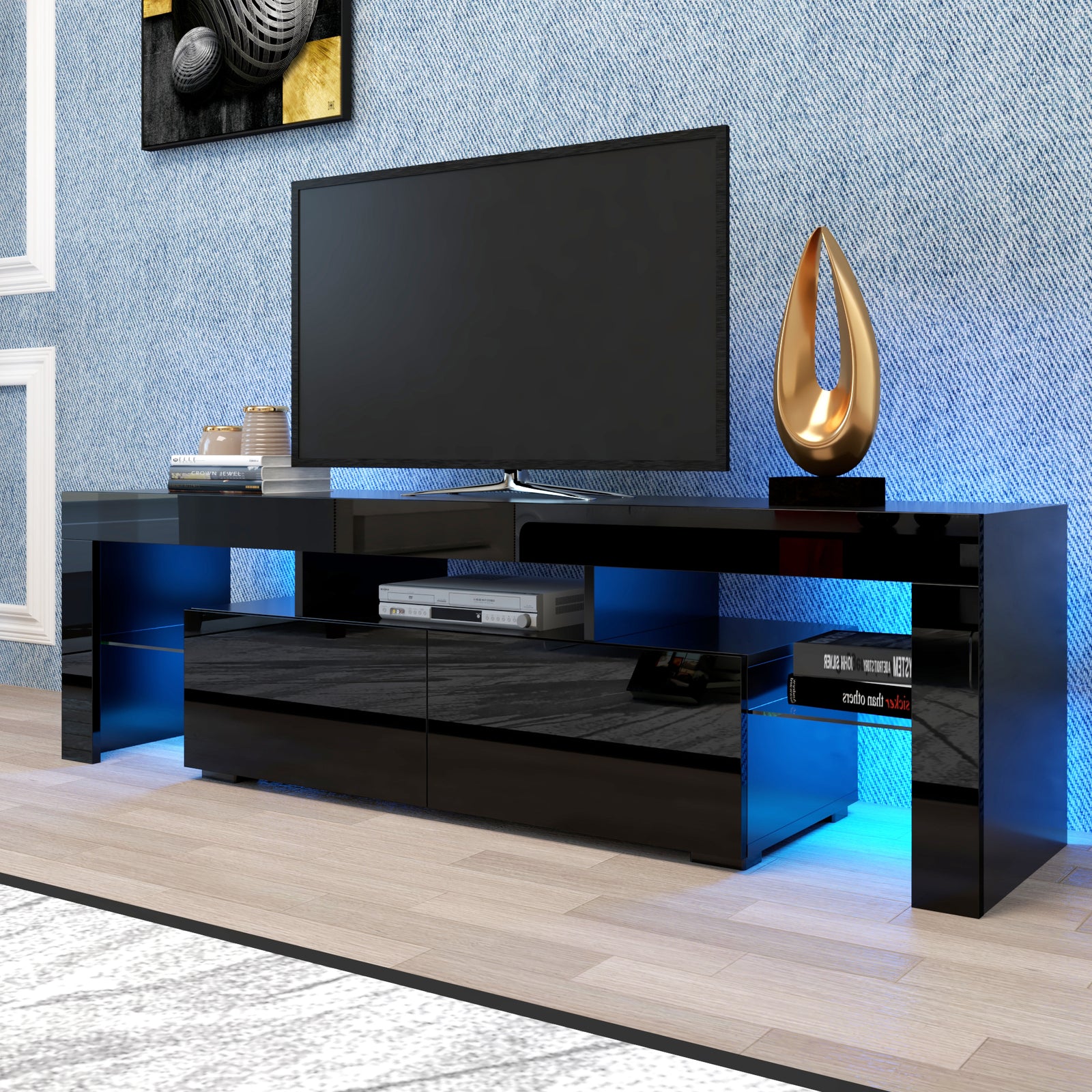 Nøordka Light Dresser Default 63" Mid Century Modern Gloss Black TV Stand With LED Lighting