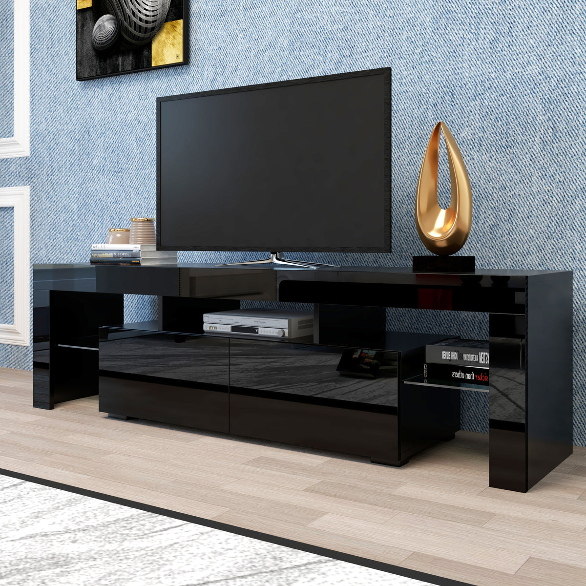 Nøordka Light Dresser Default 63" Mid Century Modern Gloss Black TV Stand With LED Lighting