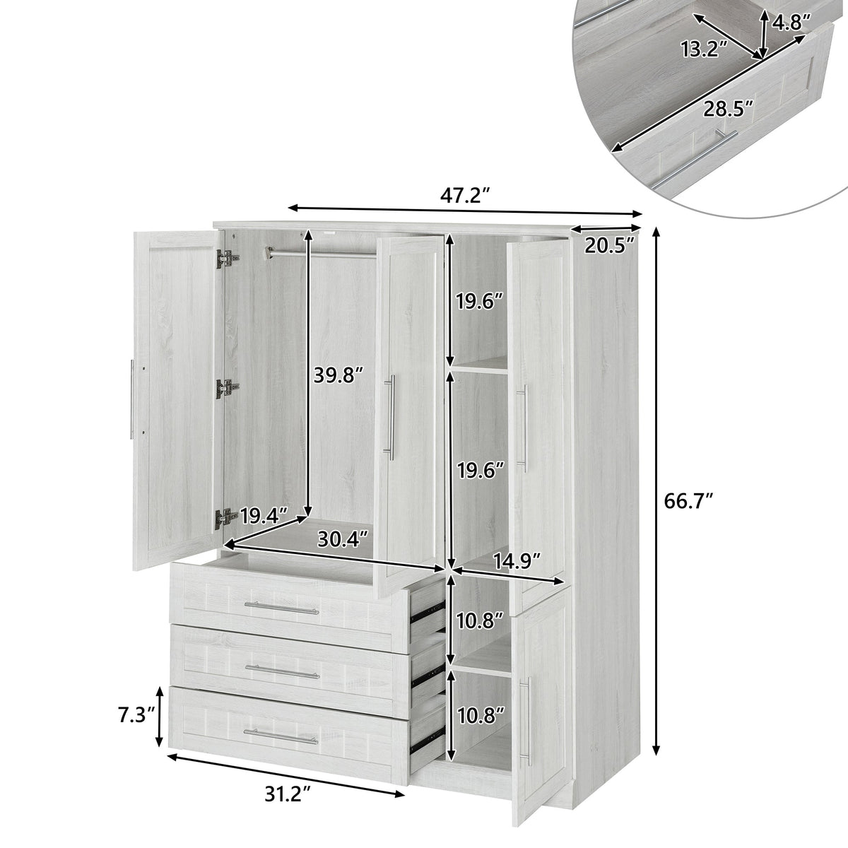 Nøordka Light Dresser Default 67" White 4 Door Wardrobe Armoire Closet with 3 Drawers