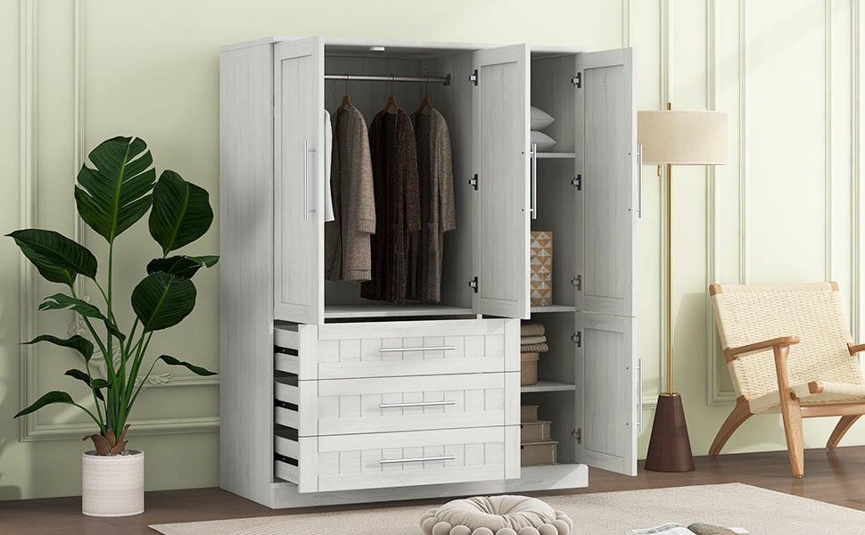 Nøordka Light Dresser Default 67" White 4 Door Wardrobe Armoire Closet with 3 Drawers