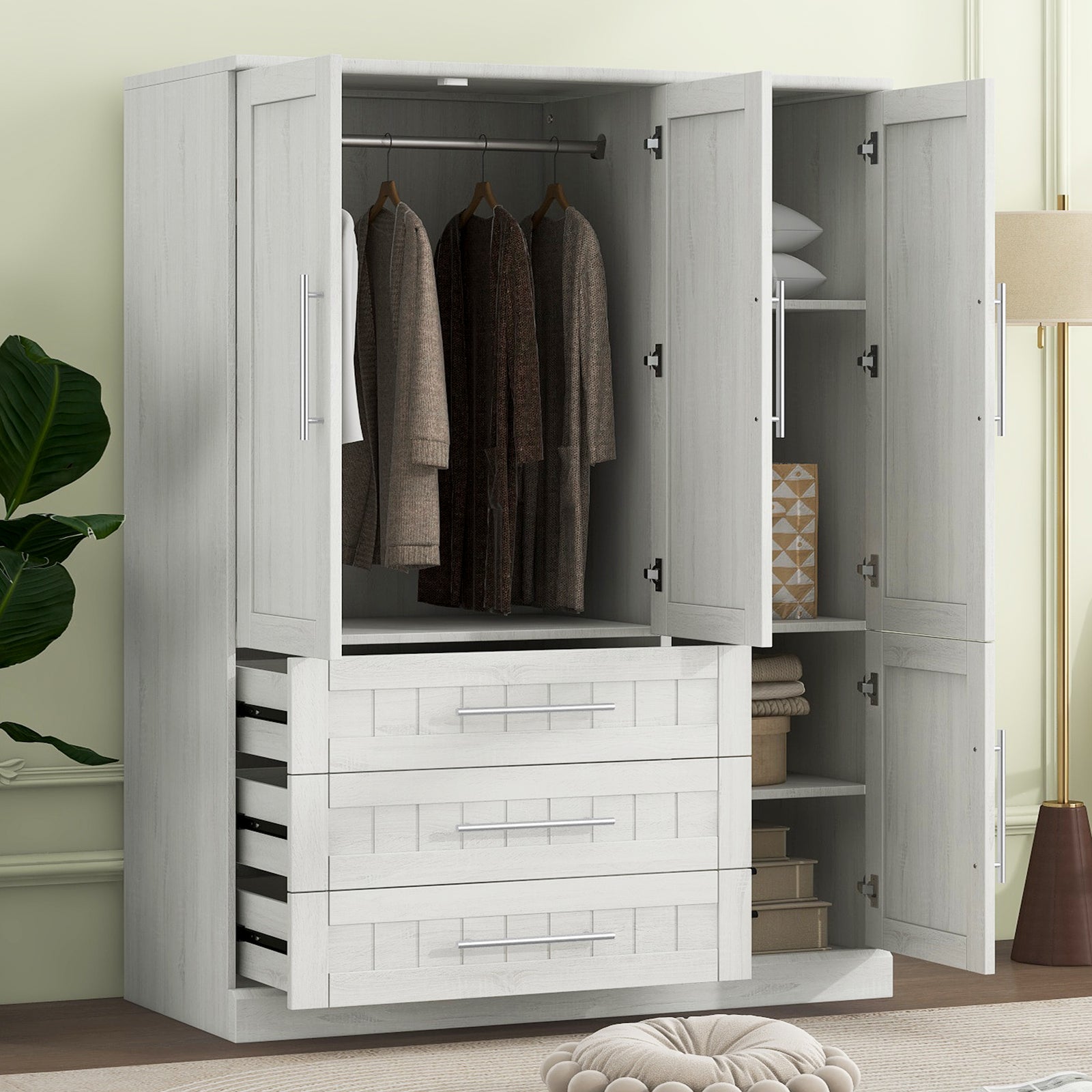 Nøordka Light Dresser Default 67" White 4 Door Wardrobe Armoire Closet with 3 Drawers