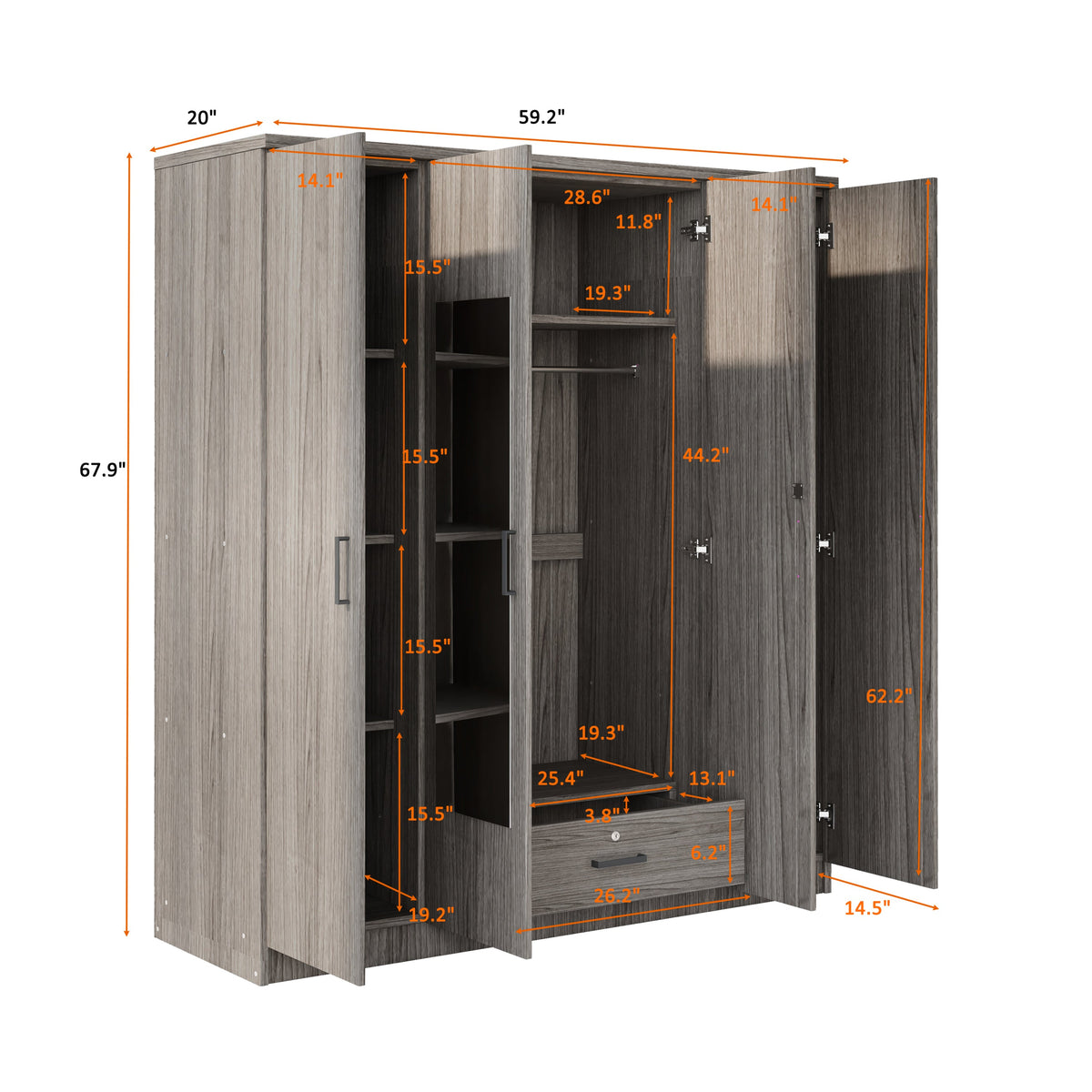 Nøordka Light Dresser Default 68" Gray 4-Door Mirror Wardrobe &amp; Closet