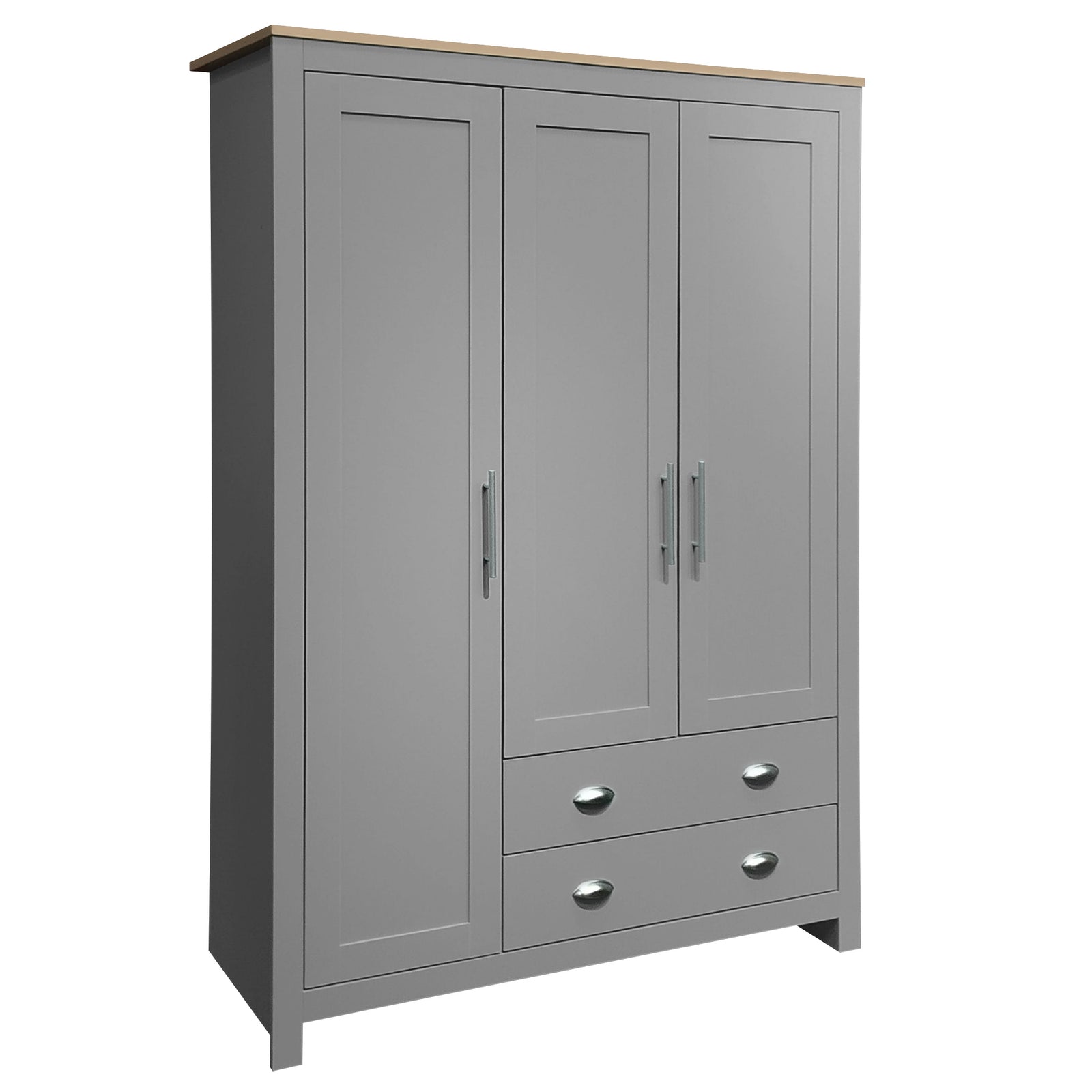 Nøordka Light Dresser Default 68" Gray Three Door Storage Wardrobe with Cabinets & Two Hanging Rods