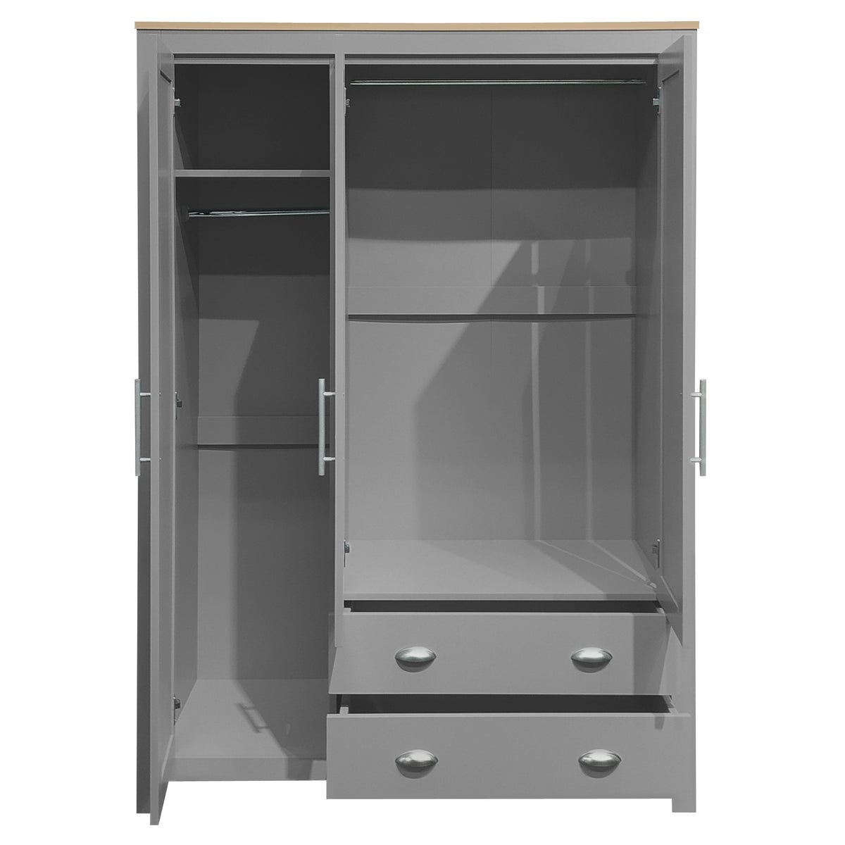 Nøordka Light Dresser Default 68" Gray Three Door Storage Wardrobe with Cabinets &amp; Two Hanging Rods