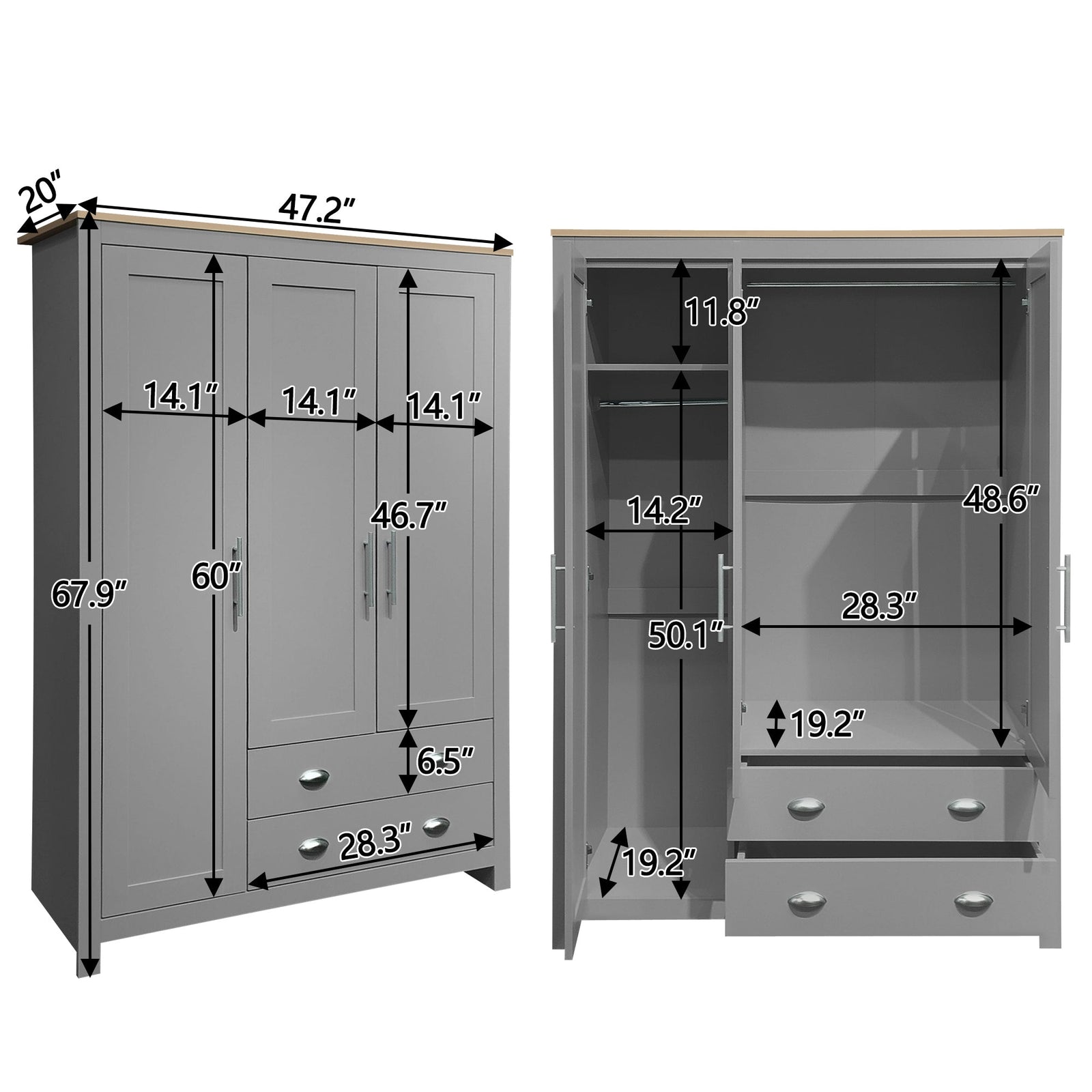 Nøordka Light Dresser Default 68" Gray Three Door Storage Wardrobe with Cabinets & Two Hanging Rods