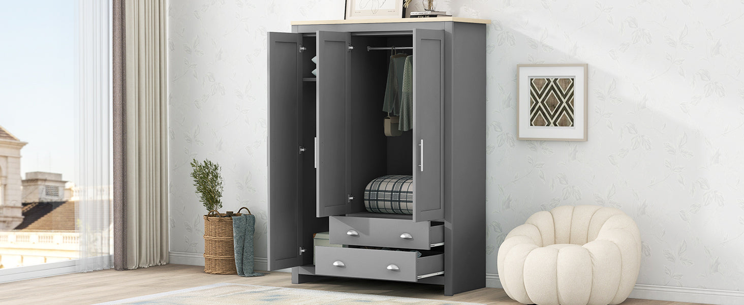 Nøordka Light Dresser Default 68" Gray Three Door Storage Wardrobe with Cabinets & Two Hanging Rods