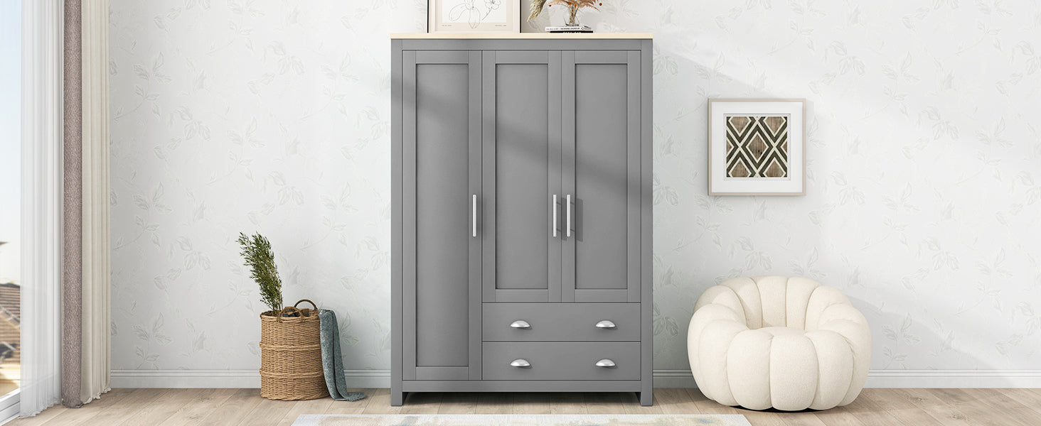 Nøordka Light Dresser Default 68" Gray Three Door Storage Wardrobe with Cabinets & Two Hanging Rods