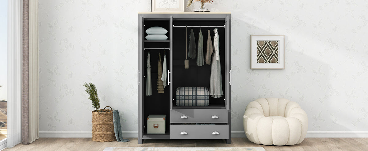 Nøordka Light Dresser Default 68" Gray Three Door Storage Wardrobe with Cabinets &amp; Two Hanging Rods