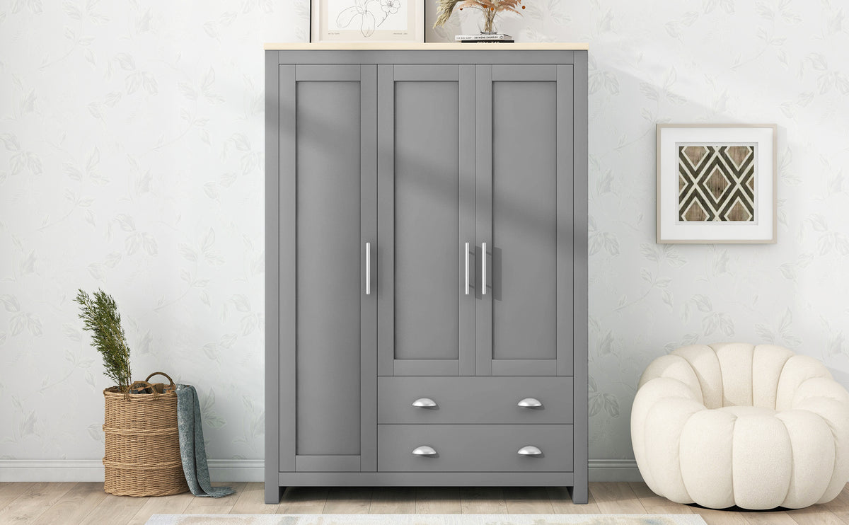 Nøordka Light Dresser Default 68" Gray Three Door Storage Wardrobe with Cabinets &amp; Two Hanging Rods