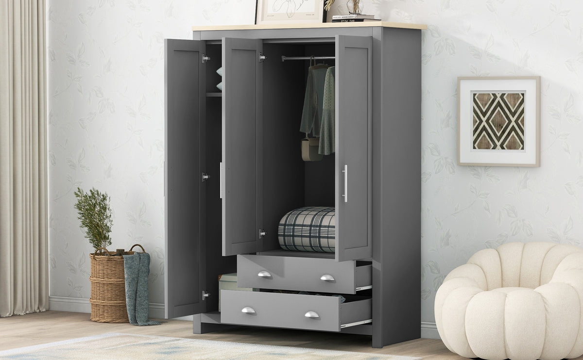 Nøordka Light Dresser Default 68" Gray Three Door Storage Wardrobe with Cabinets &amp; Two Hanging Rods