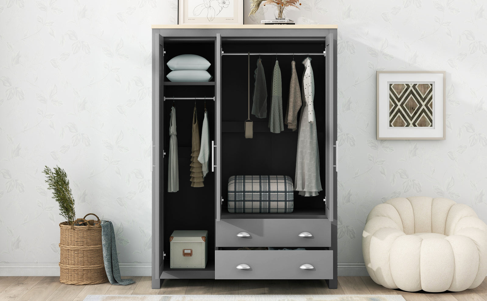 Nøordka Light Dresser Default 68" Gray Three Door Storage Wardrobe with Cabinets & Two Hanging Rods