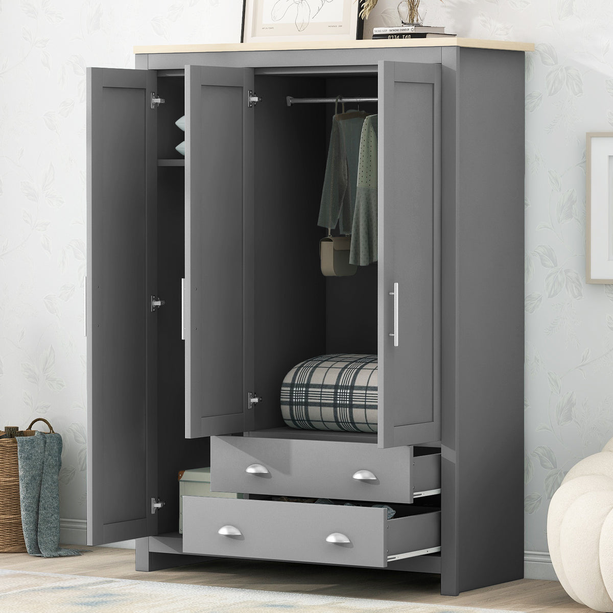 Nøordka Light Dresser Default 68" Gray Three Door Storage Wardrobe with Cabinets &amp; Two Hanging Rods