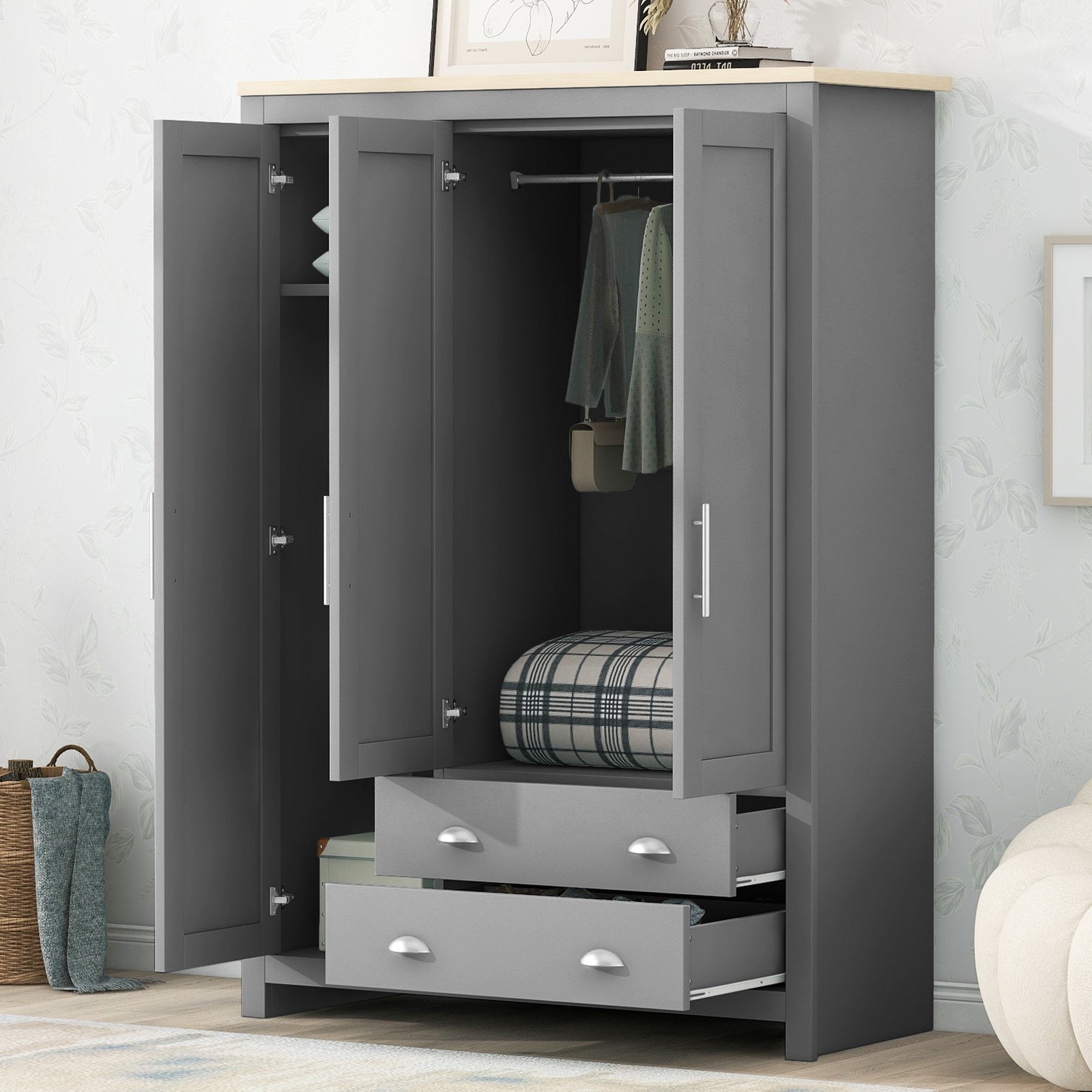 Nøordka Light Dresser Default 68" Gray Three Door Storage Wardrobe with Cabinets & Two Hanging Rods