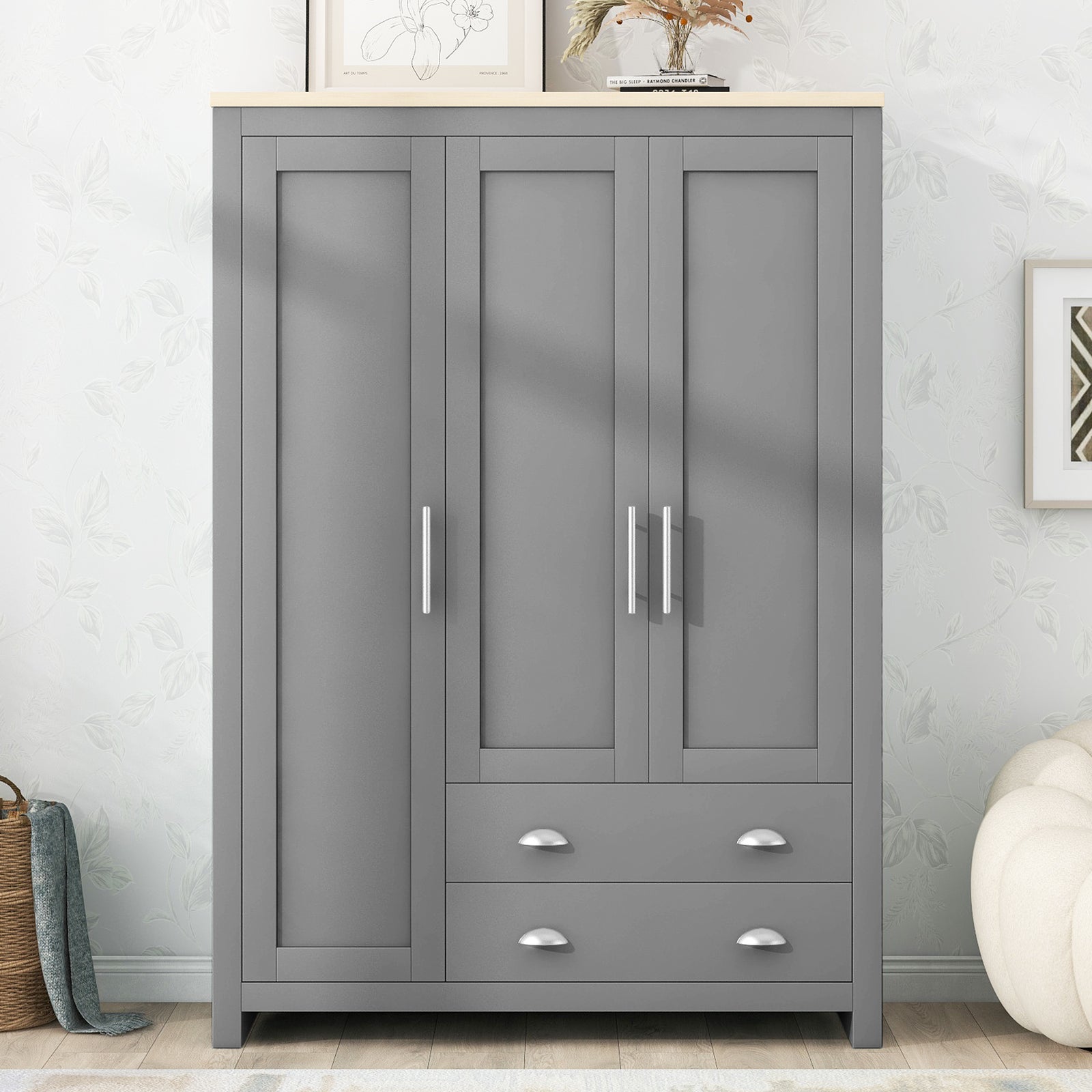 Nøordka Light Dresser Default 68" Gray Three Door Storage Wardrobe with Cabinets & Two Hanging Rods