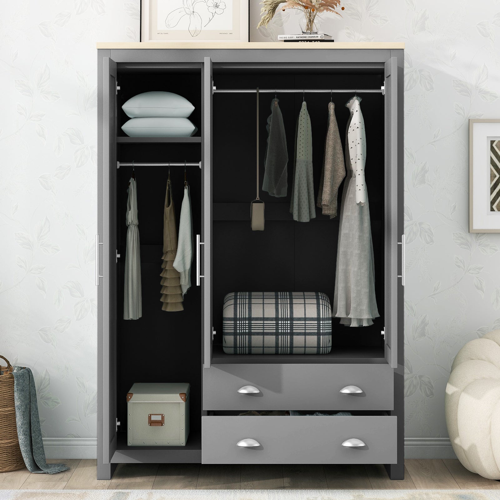 Nøordka Light Dresser Default 68" Gray Three Door Storage Wardrobe with Cabinets & Two Hanging Rods