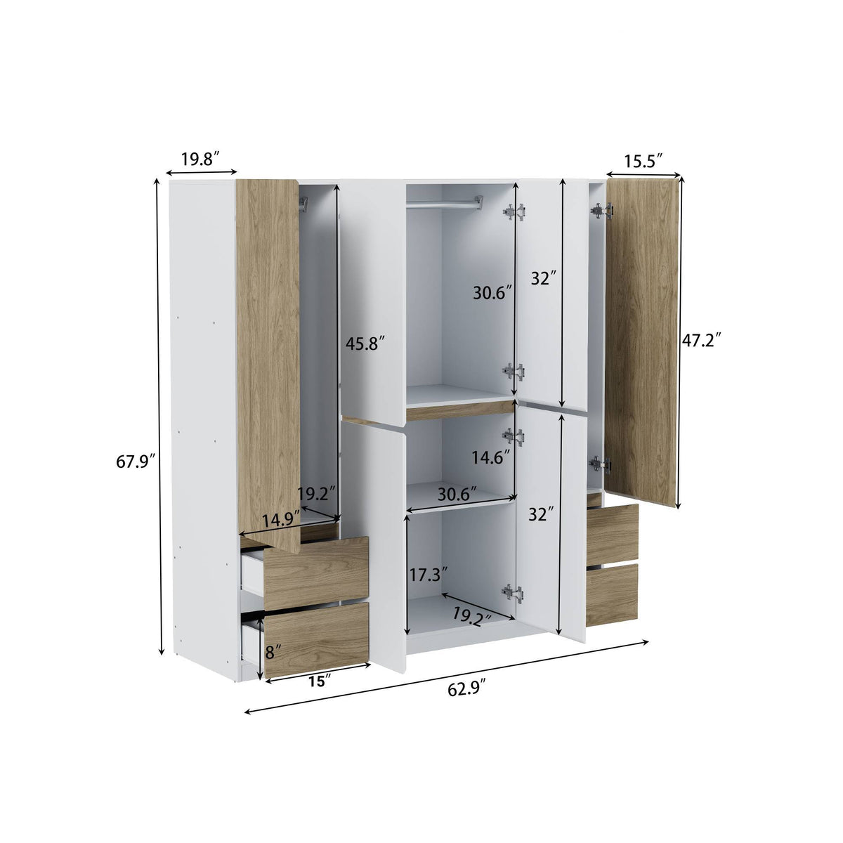 Nøordka Light Dresser Default 68" White &amp; Natural 6-Door Wooden Wardrobe