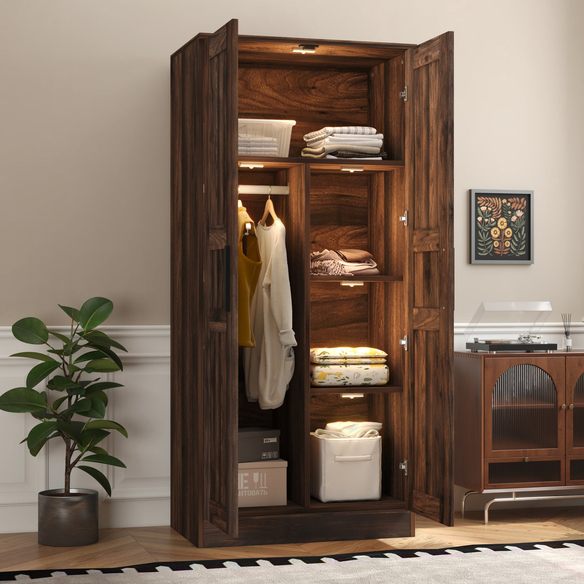 Nøordka Light Dresser Default 69" Brown 2-Door Wooden Wardrobe Armoire with Lighting