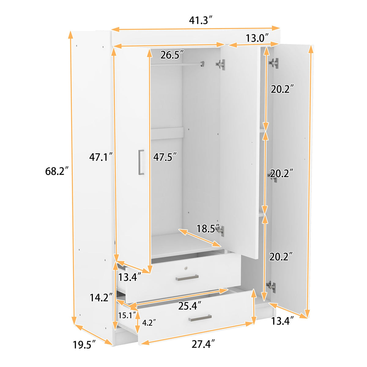 Nøordka Light Dresser Default 69" White 3-Door Mirror Wardrobe with Shelving