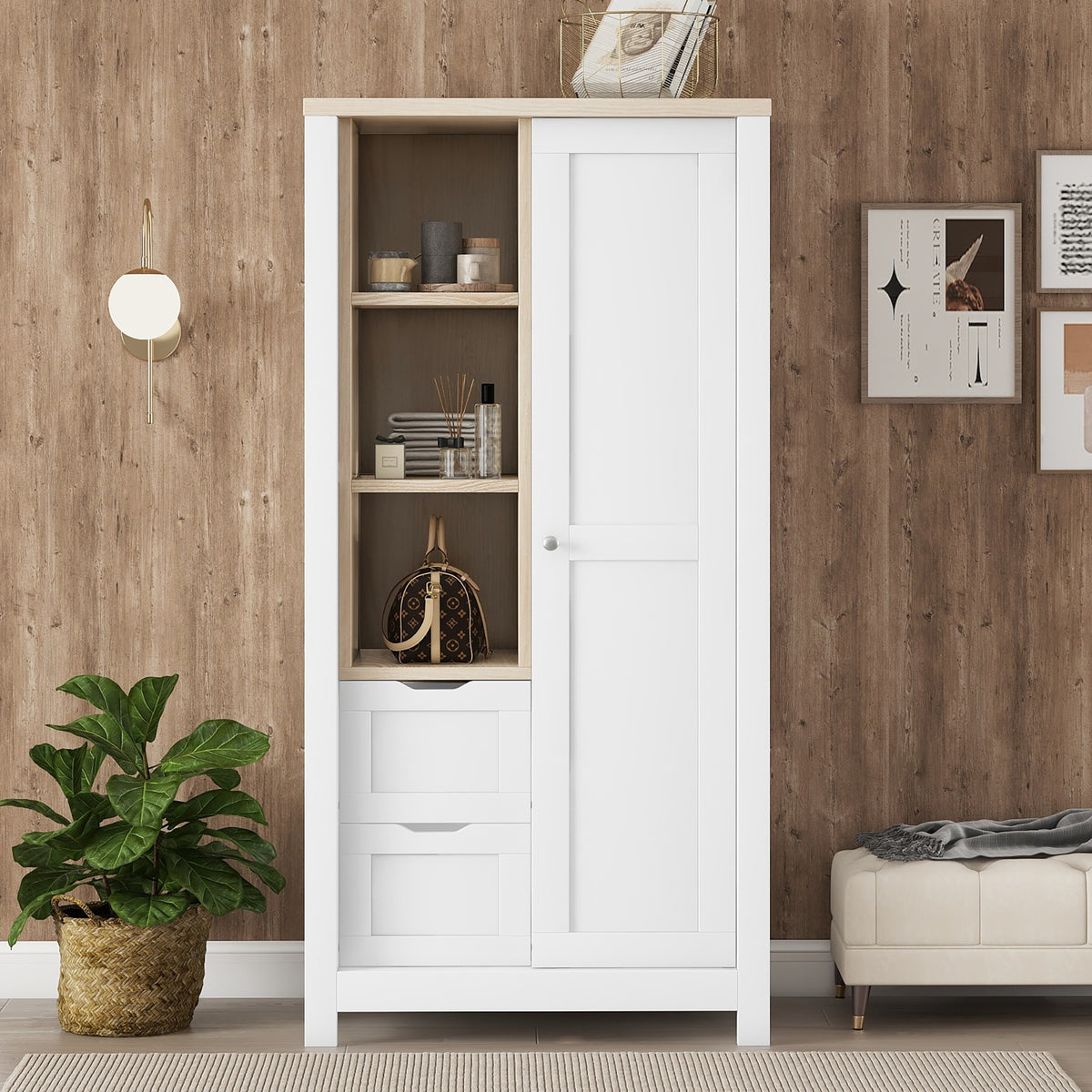 Nøordka Light Dresser Default 69" White Bedroom Wardrobe with Hanging Rods, Drawers, Open Shelves &amp; Sliding Door