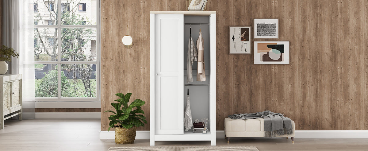 Nøordka Light Dresser Default 69" White Bedroom Wardrobe with Hanging Rods, Drawers, Open Shelves &amp; Sliding Door