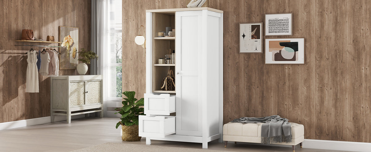 Nøordka Light Dresser Default 69" White Bedroom Wardrobe with Hanging Rods, Drawers, Open Shelves &amp; Sliding Door