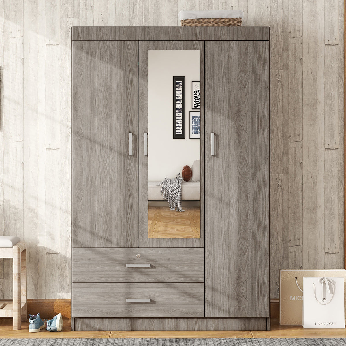 Nøordka Light Dresser Default 70" Gray 3-Door Mirror Wardrobe