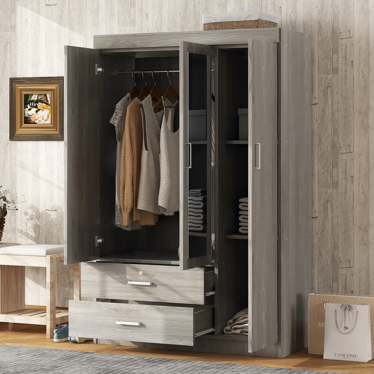Nøordka Light Dresser Default 70" Gray 3-Door Mirror Wardrobe