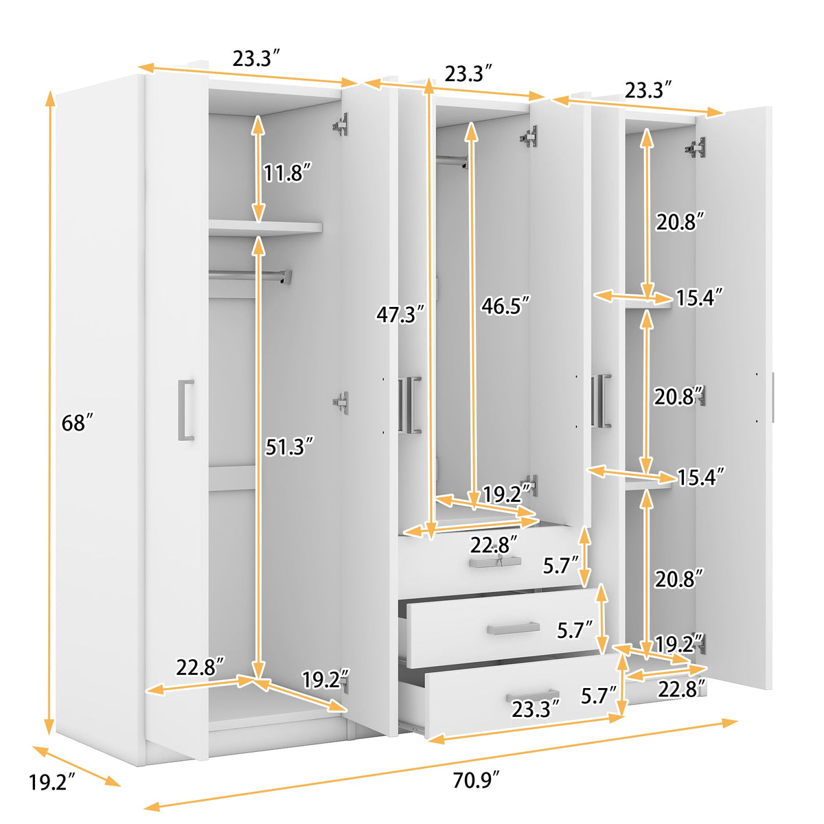 Nøordka Light Dresser Default 70" White 6-Door Wooden Wardrobe for Bedroom with Large Drawers