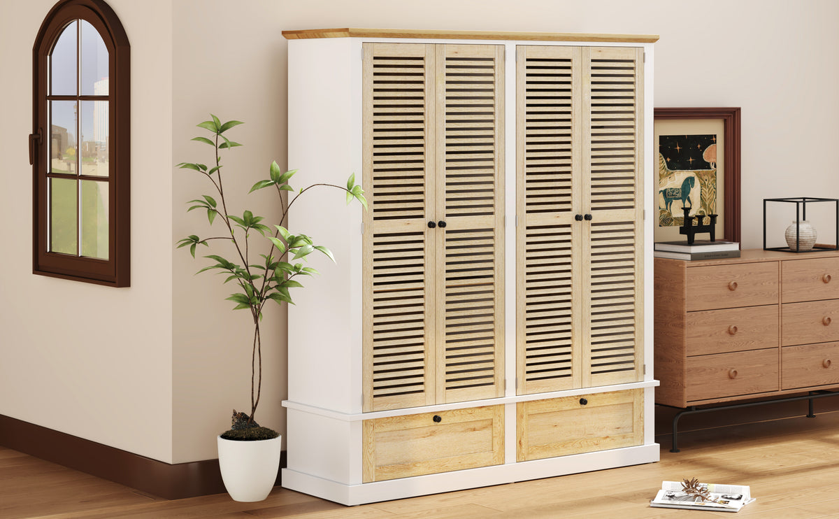 Nøordka Light Dresser Default 75" Natural &amp; White 4 Shutter Door Wardrobe Armoire Closet