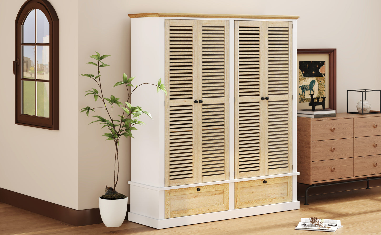 Nøordka Light Dresser Default 75" Natural & White 4 Shutter Door Wardrobe Armoire Closet