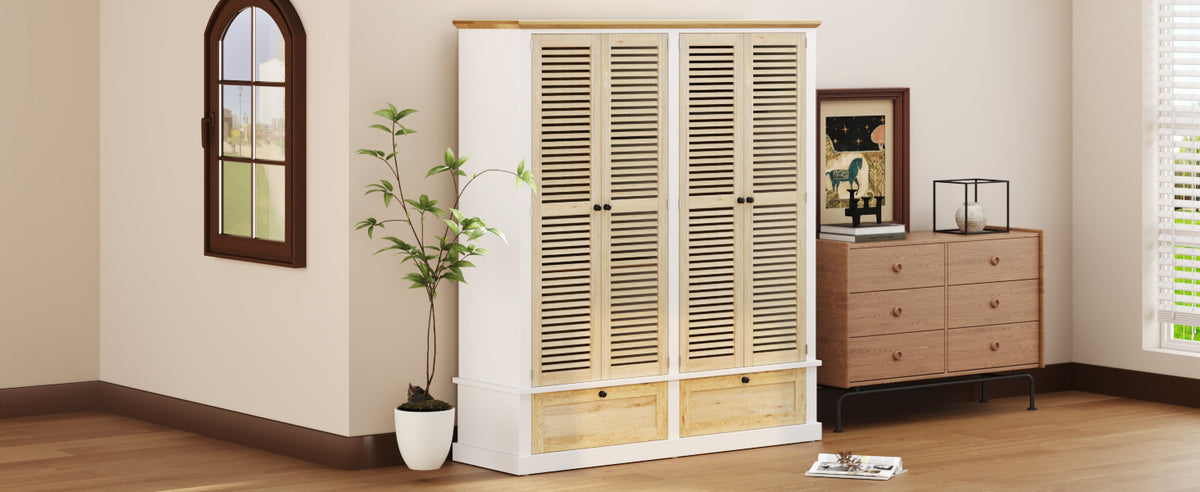Nøordka Light Dresser Default 75" Natural &amp; White 4 Shutter Door Wardrobe Armoire Closet