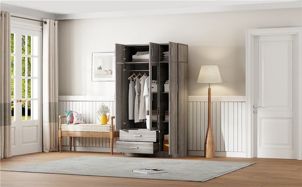 Nøordka Light Dresser Default 82" Gray Mid Century Modern 3-Door Mirror Wardrobe with 2 Drawers &amp; Top Cabinet