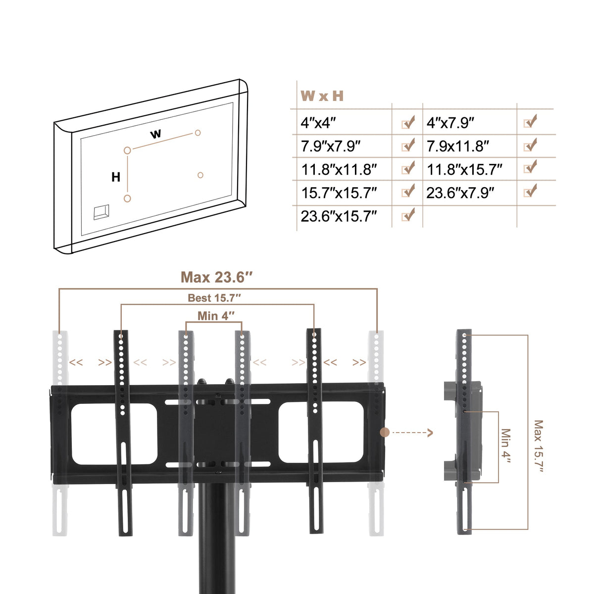 Nøordka Light Dresser Default Black Height &amp; Angle Adjustable Tempered Glass Mobile TV Stand with Locking Wheels