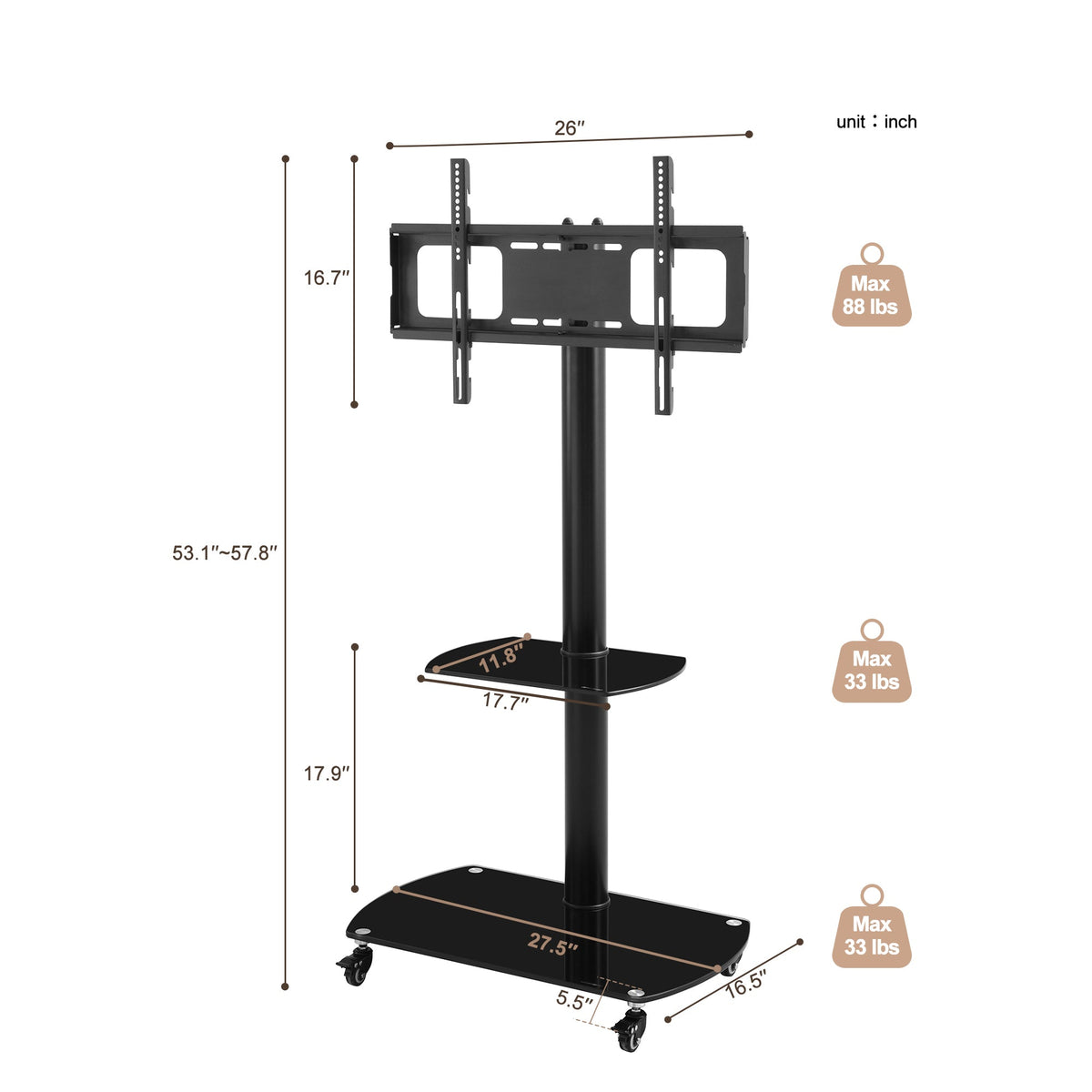 Nøordka Light Dresser Default Black Height &amp; Angle Adjustable Tempered Glass Mobile TV Stand with Locking Wheels