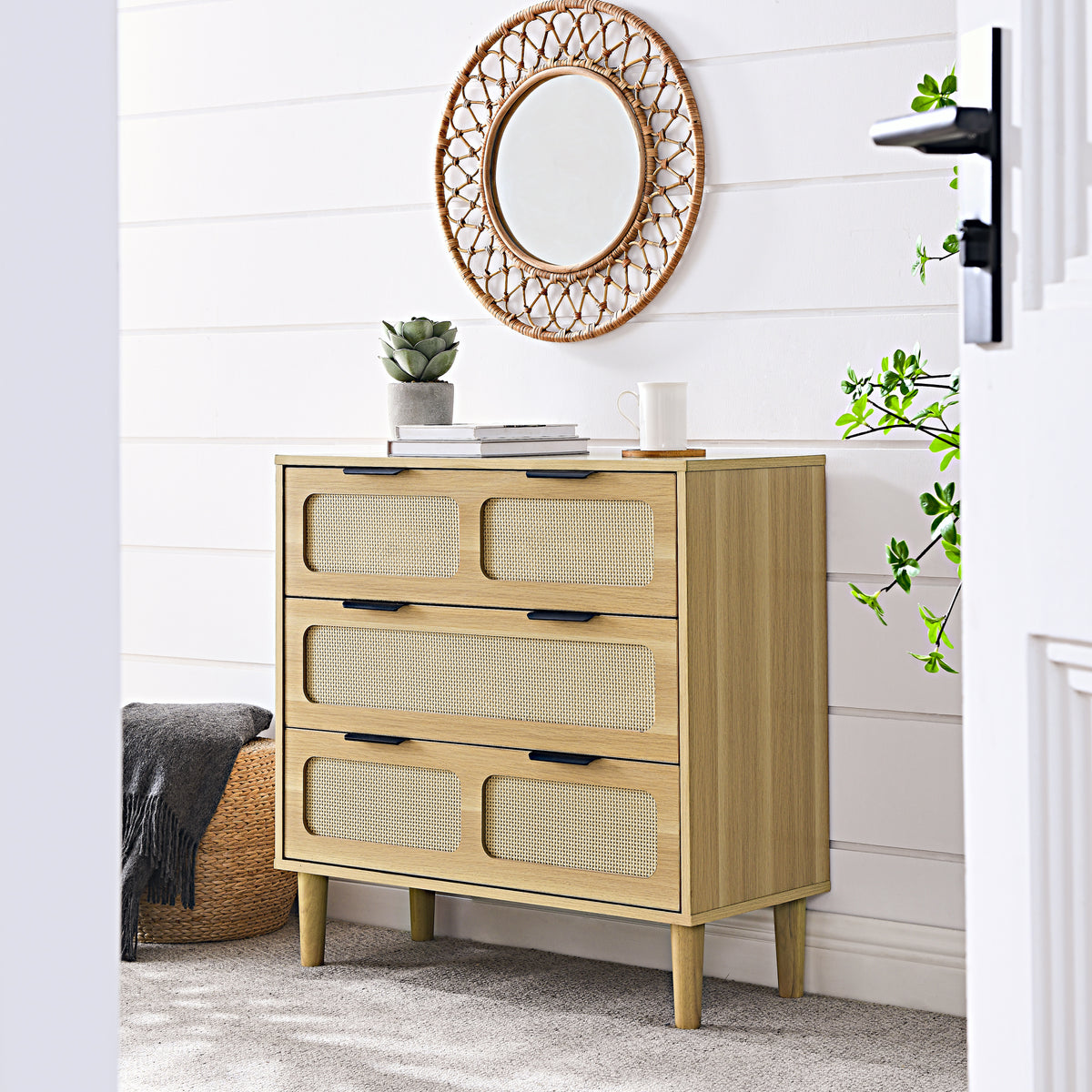 Nøordka Light Dresser Default Natural Wood Mid Century Modern Rattan 3 Drawer Dresser &amp; Cabinet