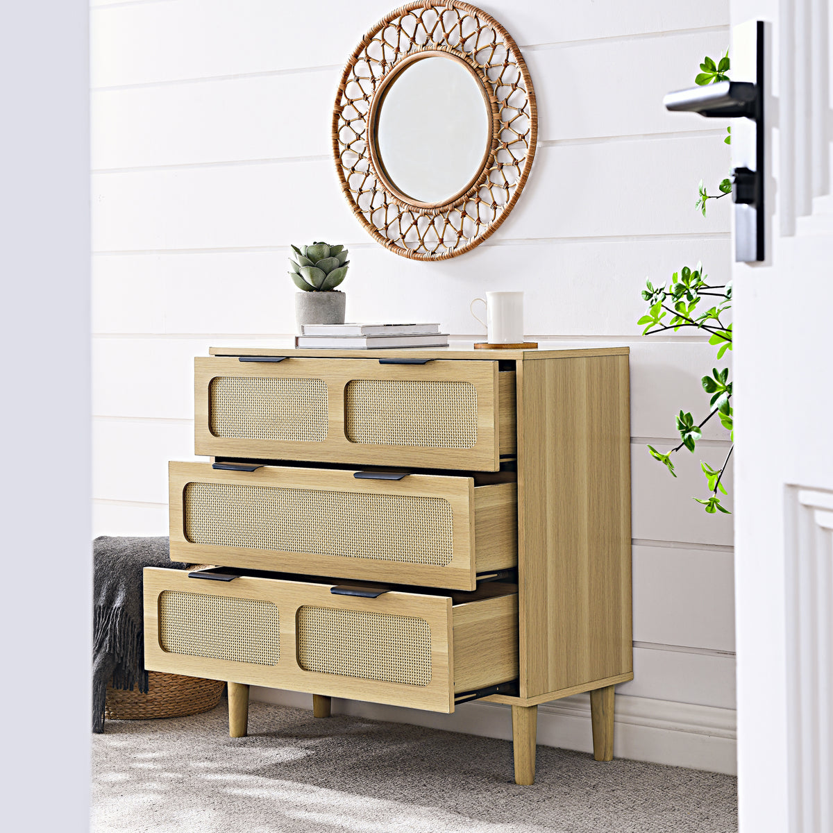 Nøordka Light Dresser Default Natural Wood Mid Century Modern Rattan 3 Drawer Dresser &amp; Cabinet